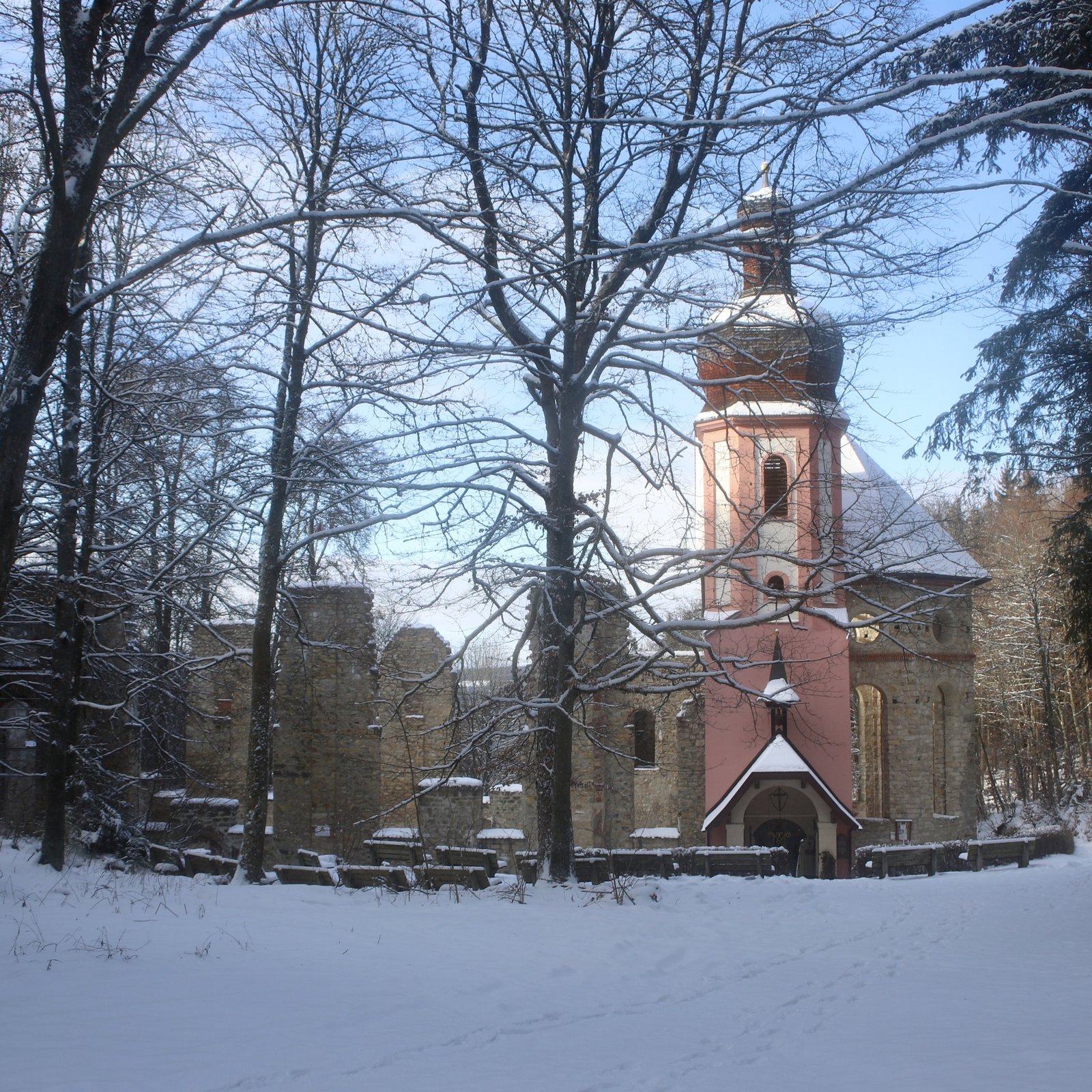 Kirchenruine Maria Hilf im winterlichen Wald